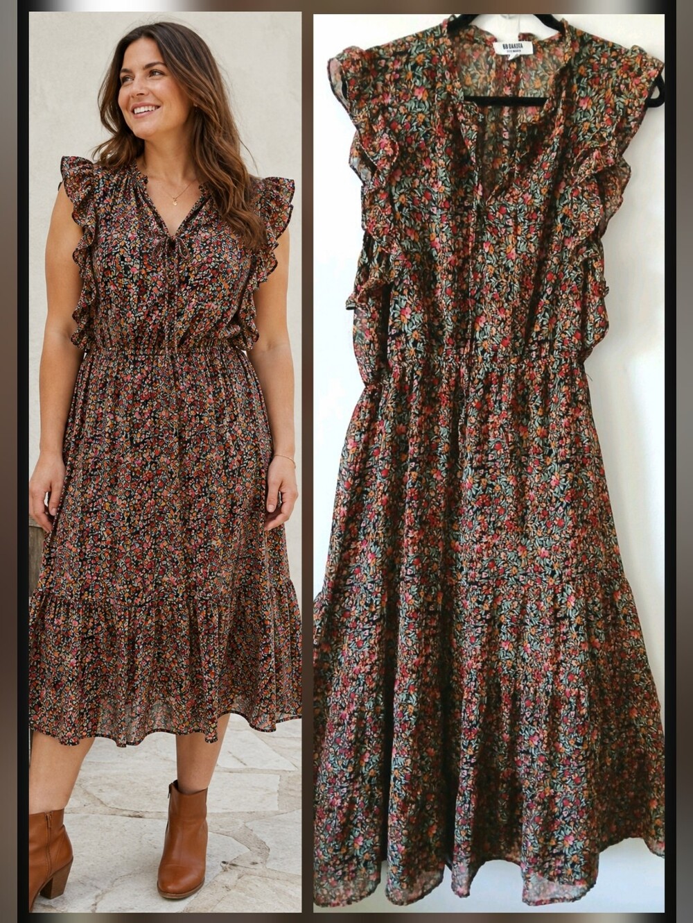 BB Dakota Steve Madden Womens Floral Ruffle Tiered Fit & Flare Boho Dress Size L